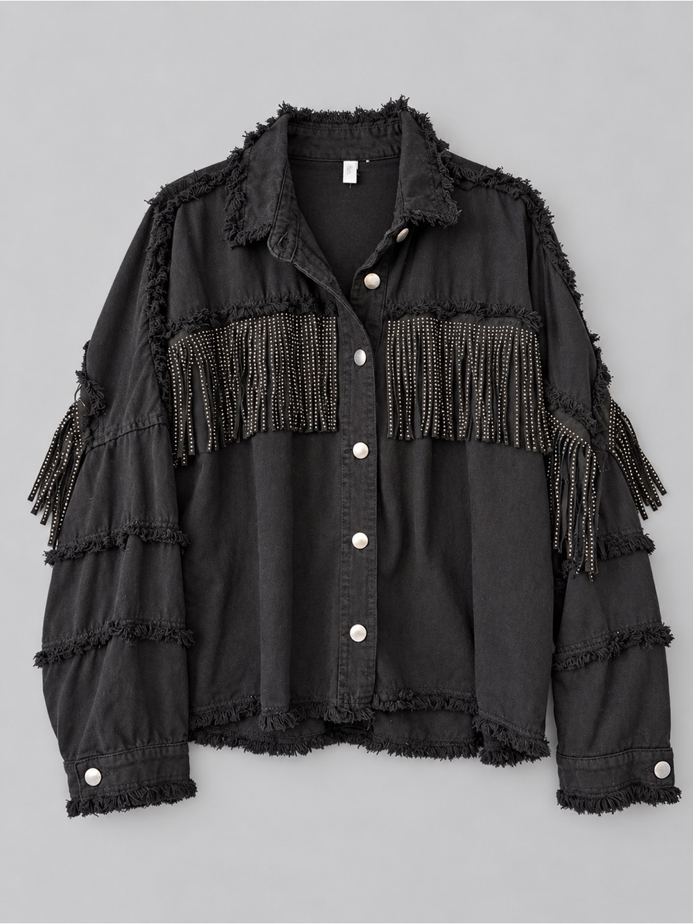 Elan Black Rhinestone Fringe Western Distressed Denim Jacket S